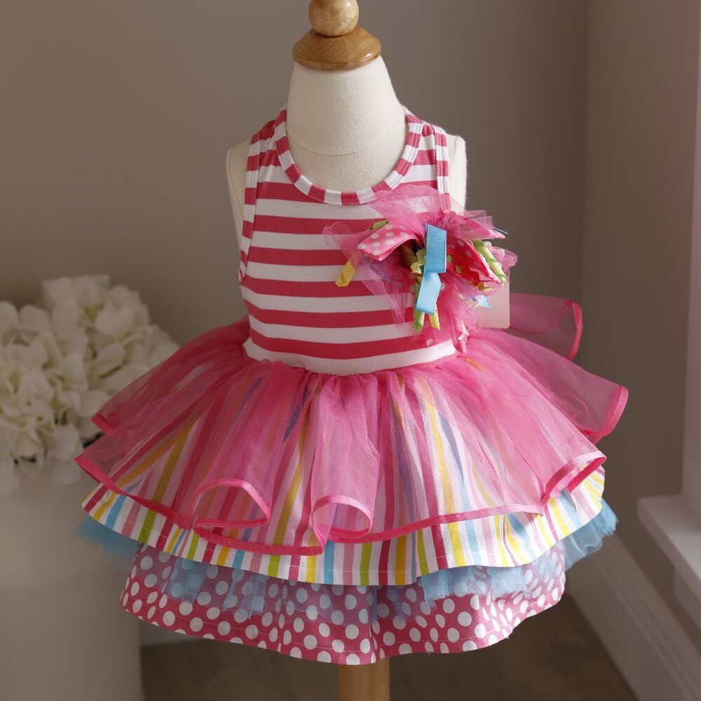Cotton Party Tutu Dress Pink Polka Dot Tulle Mixed Media Boutique 12/18  Months